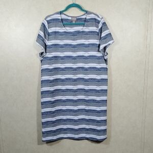 G129 Chico's blue, gray & white S/S pleated wavy print knit dress 3 XL